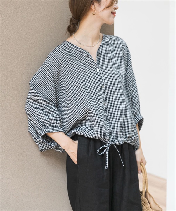 亞麻抽繩蝙蝠袖罩衫