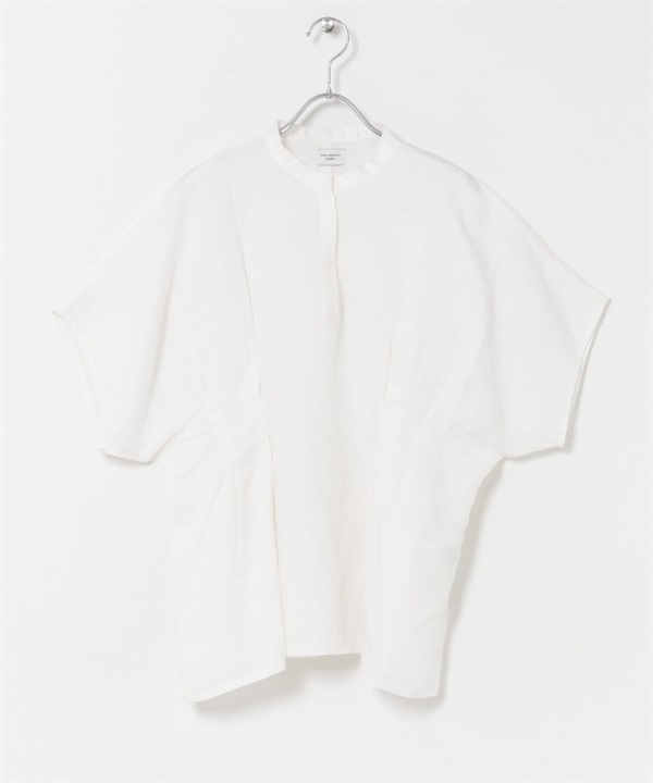 亞麻腰部打褶V字領緣罩衫(米白色-FREE-OFF WHITE)