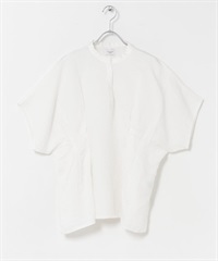 亞麻腰部打褶V字領緣罩衫(米白色-FREE-OFF WHITE)