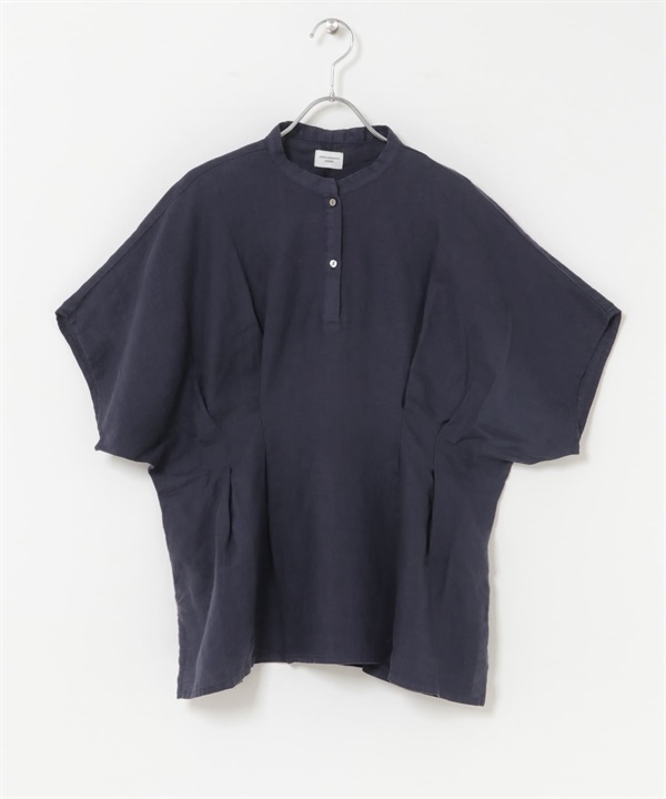 亞麻腰部打褶V字領緣罩衫(藏青色-FREE-NAVY)