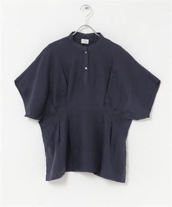 亞麻腰部打褶V字領緣罩衫(藏青色-FREE-NAVY)