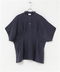 亞麻腰部打褶V字領緣罩衫(藏青色-FREE-NAVY)