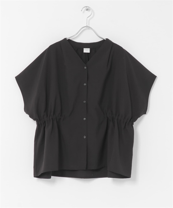 V領腰部抓皺罩衫(黑色-FREE-BLACK)