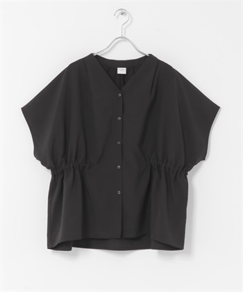 V領腰部抓皺罩衫(黑色-FREE-BLACK)
