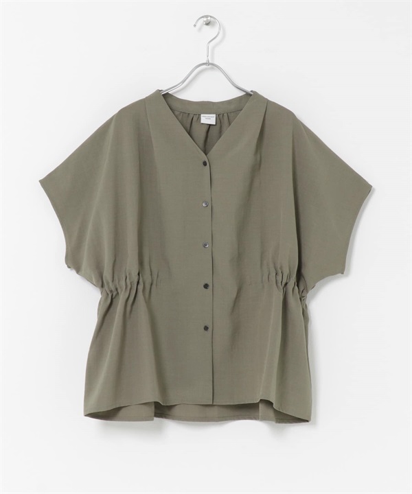 V領腰部抓皺罩衫(卡其綠-FREE-KHAKI)