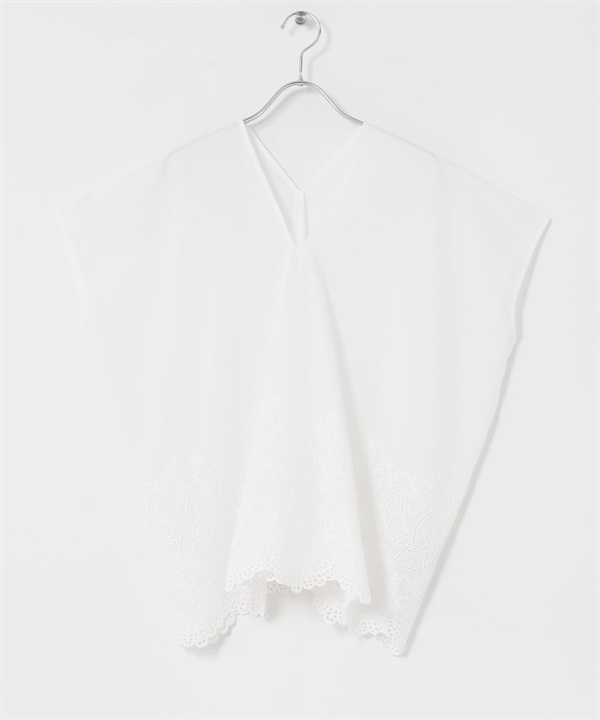 下襬刺繡V領罩衫(米色-FREE-OFF WHITE)