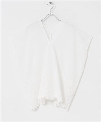 下襬刺繡V領罩衫(米色-FREE-OFF WHITE)