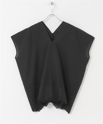 下襬刺繡V領罩衫(炭灰色-FREE-CHARCOAL GRAY)