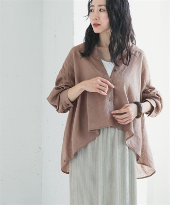 亞麻弧形袖罩衫