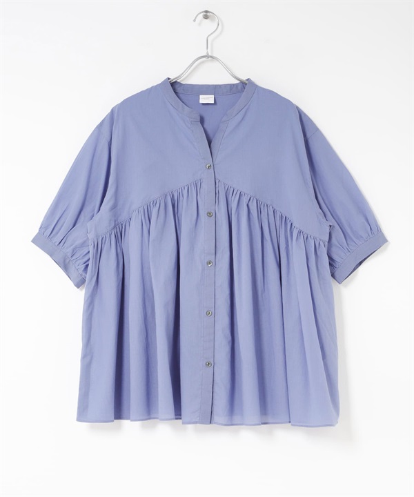 棉質巴里紗剪接碎褶罩衫(淺藍色-FREE-LIGHT BLUE)