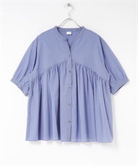 棉質巴里紗剪接碎褶罩衫(淺藍色-FREE-LIGHT BLUE)