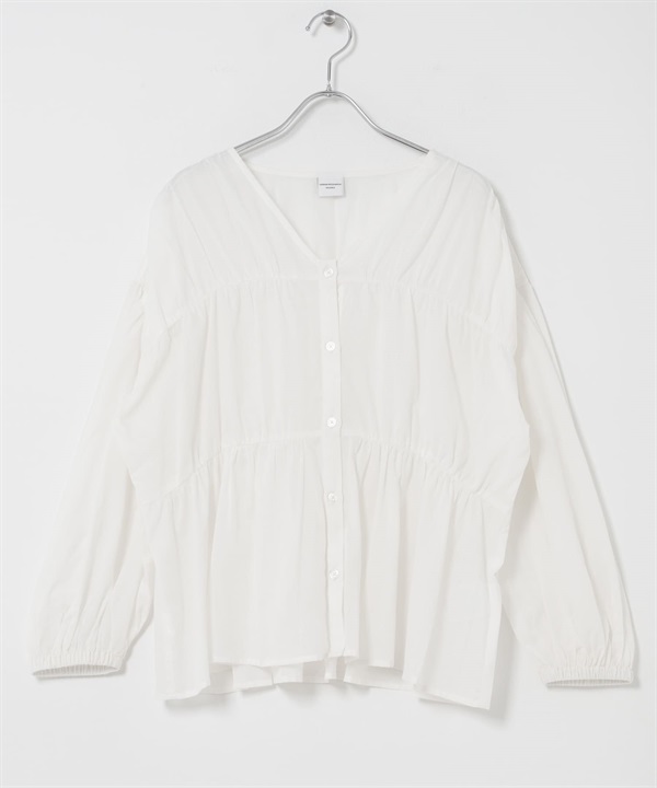 UR TECH 棉質碎褶V領罩衫(米色-FREE-OFF WHITE)