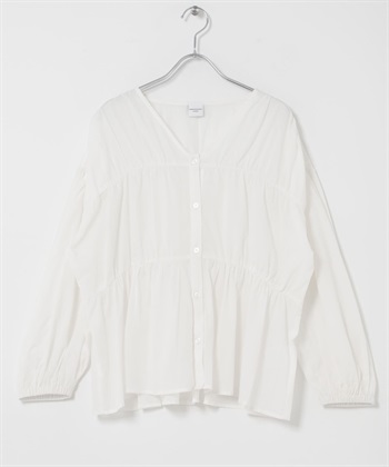 UR TECH 棉質碎褶V領罩衫(米色-FREE-OFF WHITE)