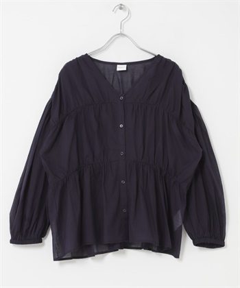 UR TECH 棉質碎褶V領罩衫(藏青色-FREE-NAVY)