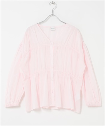 UR TECH 棉質碎褶V領罩衫(粉紅色-FREE-PINK)