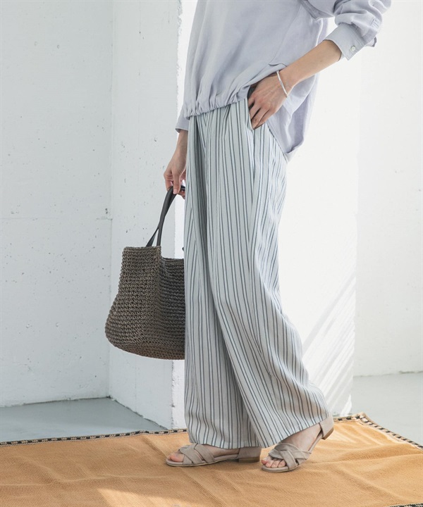 直條紋打褶輕便長褲