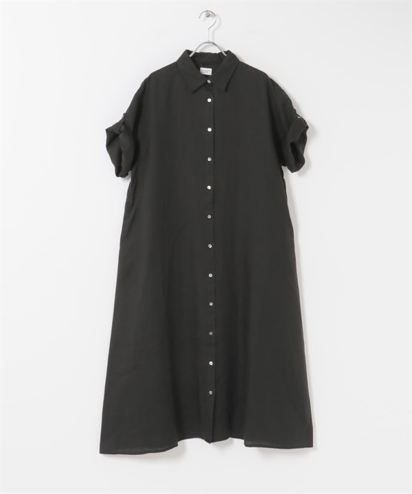 亞麻五分袖襯衫洋裝(黑色-FREE-BLACK)