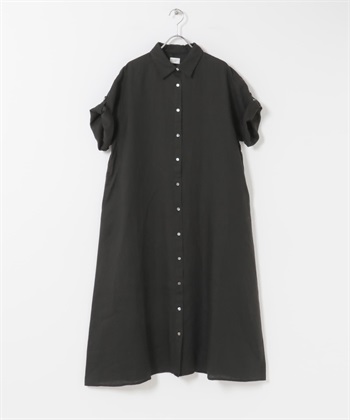 亞麻五分袖襯衫洋裝(黑色-FREE-BLACK)