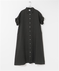 亞麻五分袖襯衫洋裝(黑色-FREE-BLACK)