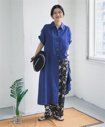 亞麻五分袖襯衫洋裝