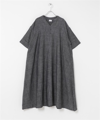 混麻料五分袖洋裝(黑色-FREE-BLACK)