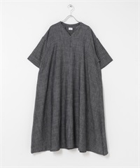 混麻料五分袖洋裝(黑色-FREE-BLACK)