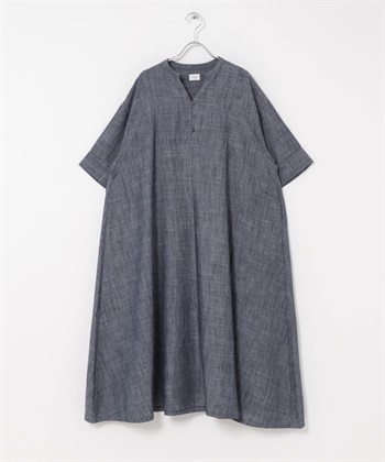 混麻料五分袖洋裝(靛青色-FREE-INDIGO BLUE)