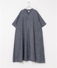 混麻料五分袖洋裝(靛青色-FREE-INDIGO BLUE)