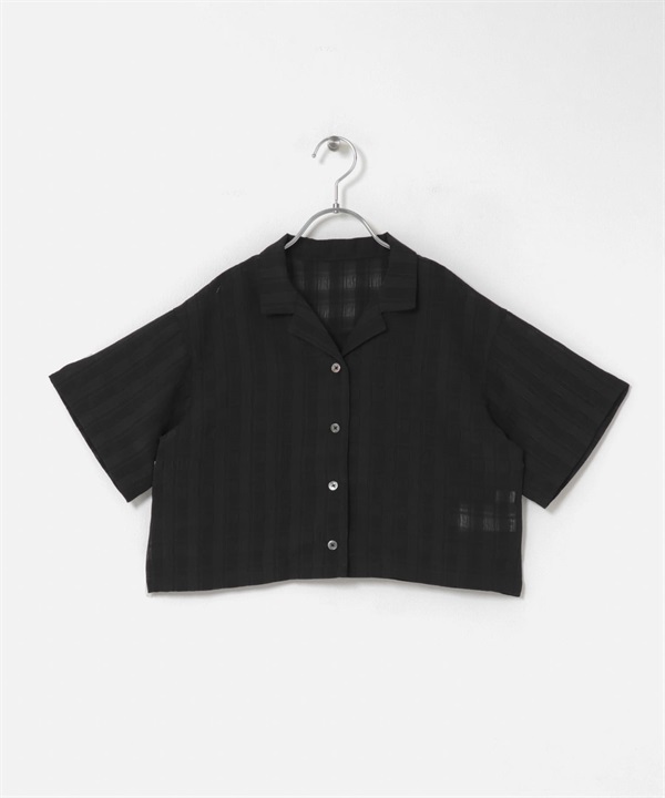透膚格紋開領襯衫(KIDS)(黑色-120(115-125)-BLACK)