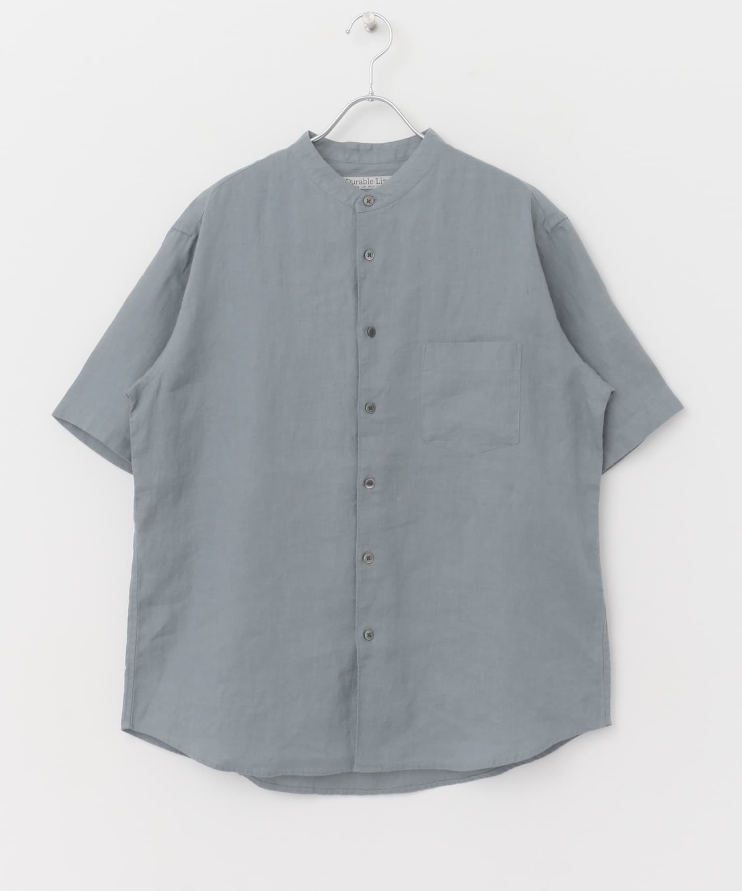 絲光亞麻立領短袖襯衫(鐵灰藍-L-BLUE)