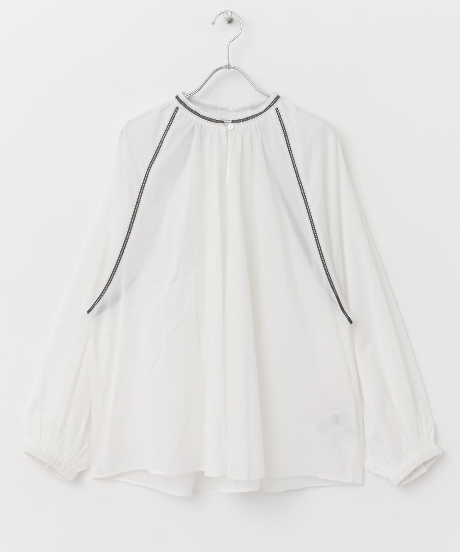 棉質巴里紗梯形蕾絲罩衫(米色x炭灰色-M-其他白色)