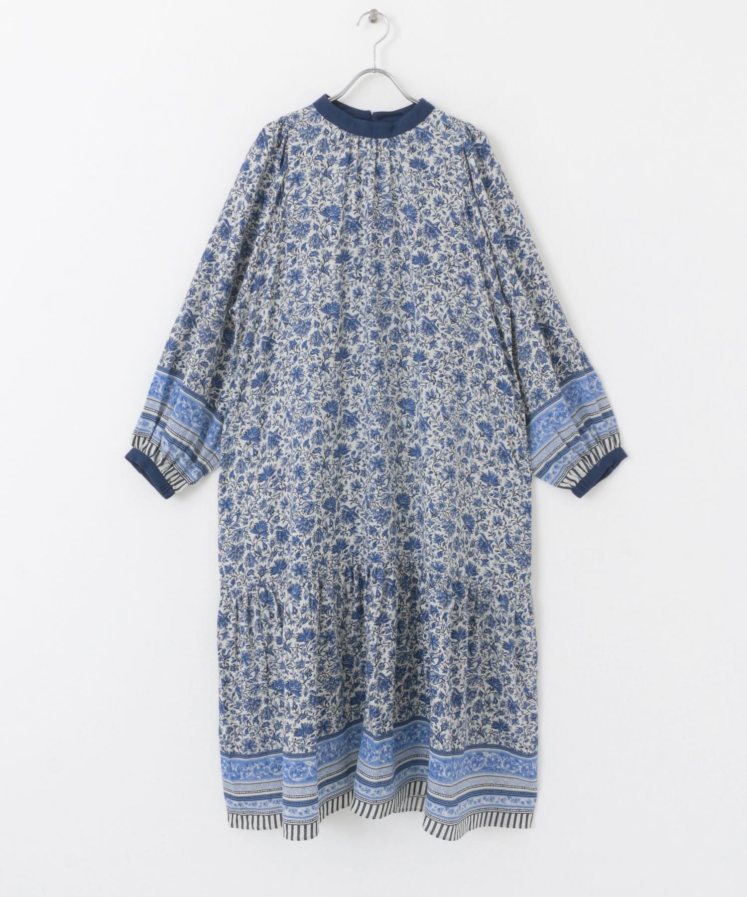 棉質斜紋布印花洋裝(藍色-M-其他藍色)