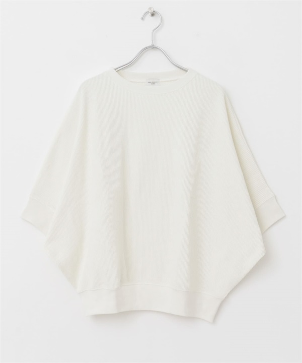 蝙蝠袖圓編羅紋寬鬆T恤(米色-M-OFF WHITE)