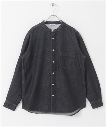 牛仔立領襯衫(黑色-L-BLACK)