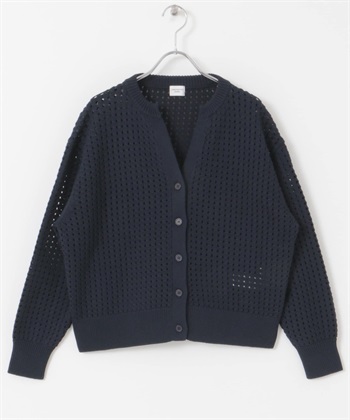 鏤空織紋V字領緣開襟衫(藏青色-M-NAVY)