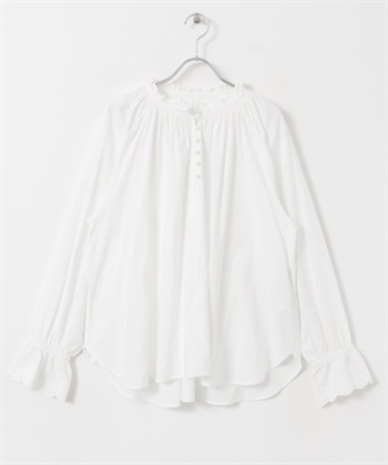 【KOL推薦】扇貝蕾絲袖碎褶罩衫(米色-M-OFF WHITE)