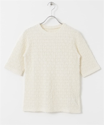 立體蕾絲五分袖T恤(米色-M-OFF WHITE)
