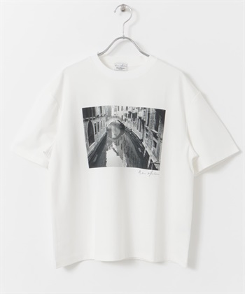 相片印花五分袖T恤(米白色-M-OFF WHITE)