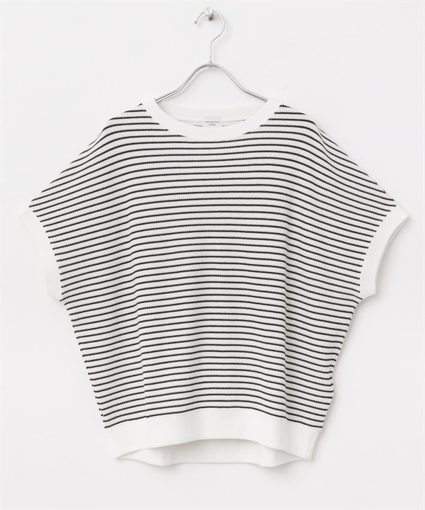 摺線羅紋法式袖T恤(米色x黑色-M-其他白色)