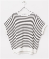 摺線羅紋法式袖T恤(米色x黑色-M-其他白色)