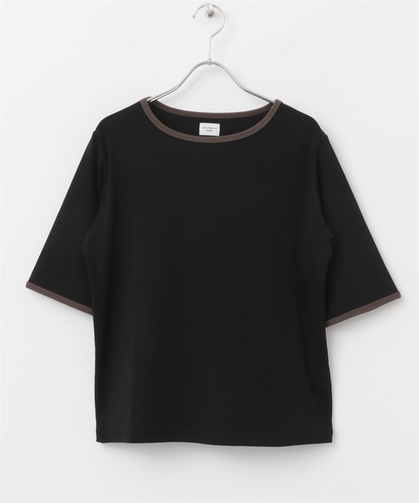 五分袖配色領T恤(黑色-M-BLACK)