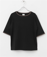 五分袖配色領T恤(黑色-M-BLACK)
