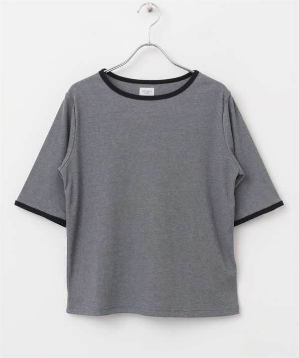 五分袖配色領T恤(灰色-M-GRAY)