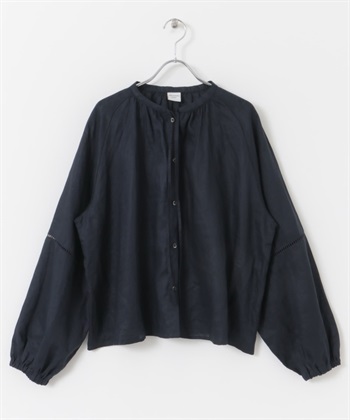 梯形蕾絲亞麻罩衫(藏青色-M-NAVY)