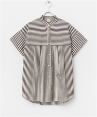 直條紋反折袖打褶襯衫(原色x黑色-M-BLACK)