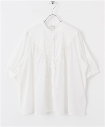 棉質巴里紗碎褶V字剪接罩衫(米色-M-OFF WHITE)