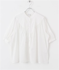 棉質巴里紗碎褶V字剪接罩衫(米色-M-OFF WHITE)