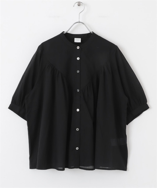 棉質巴里紗碎褶V字剪接罩衫(黑色-M-BLACK)