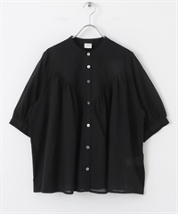 棉質巴里紗碎褶V字剪接罩衫(黑色-M-BLACK)