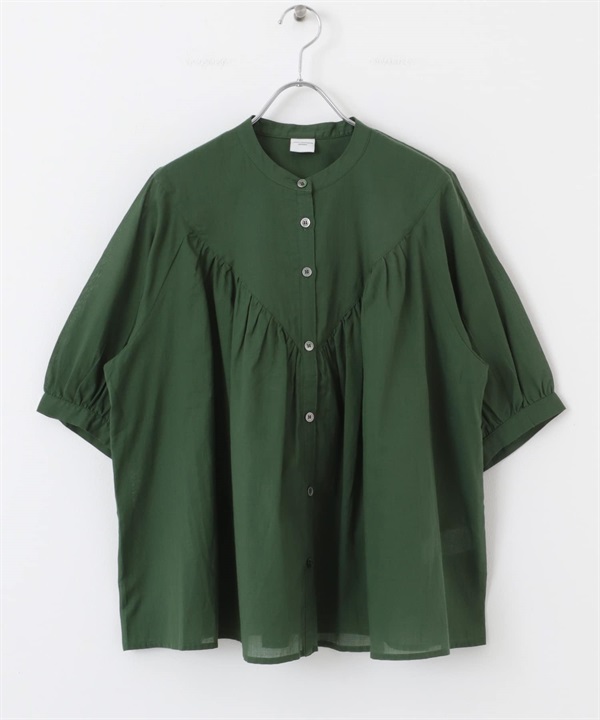 棉質巴里紗碎褶V字剪接罩衫(綠色-M-GREEN)